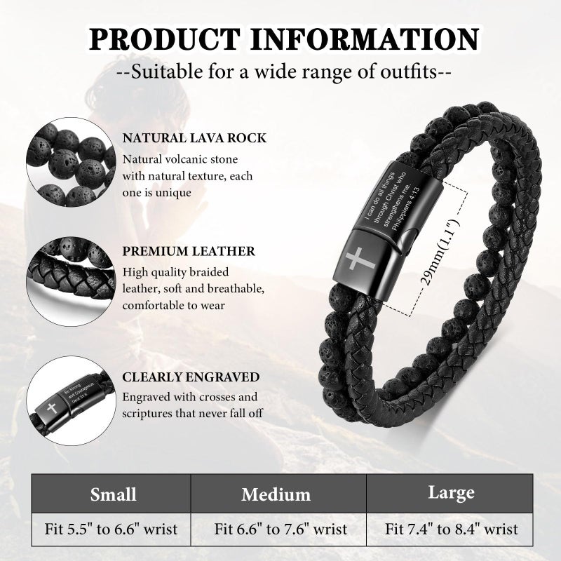 MEALGUET Men's Cross Bracelet for Men : Inspirational Bible Verse Leather Wristband Bracelets Christian Catholic Religious Jewelry Christmas Gifts Ideas for Man,I can Do All things,Medium - Image 3